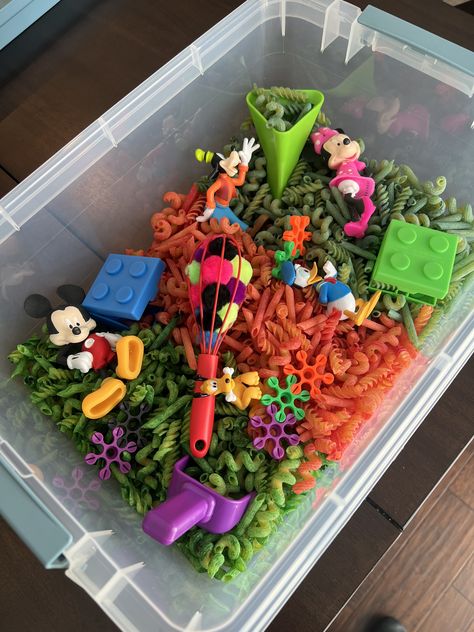 Mickey Mouse Sensory Bin! Elmo Sensory Bin, Mouse Sensory Bin, Mickey Mouse Sensory Bin, Twodles Birthday, Sensory Crafts, Abc 123, Sensory Bin, Toddler Life, Sensory Bins