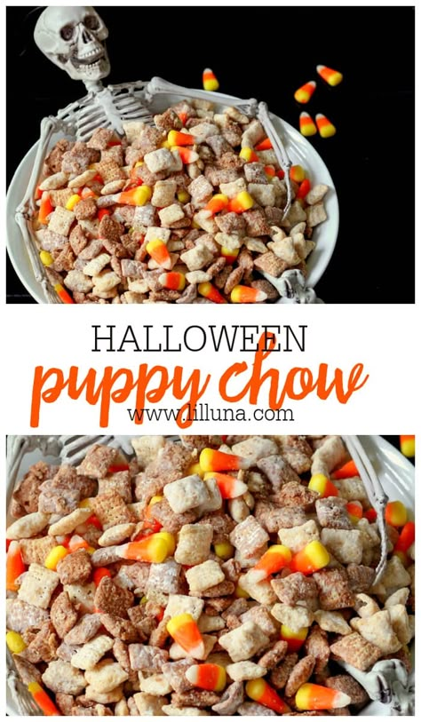 Yummy black and white Halloween Puppy Chow is chocolatey and crunchy with pops of peanut butter & chewy candy corn that everyone will love!! #halloweenpuppychow #puppychow #puppychowrecipe #halloweentreats #candycorn Candy Corn Puppy Chow, Halloween Chex Mix Recipes Candy Corn, Halloween Entrees, Football Breakfast, Halloween Puppy Chow, Chex Recipes, Puppy Chow Chex Mix Recipe, Puppy Chow Recipe, Chex Mix Puppy Chow