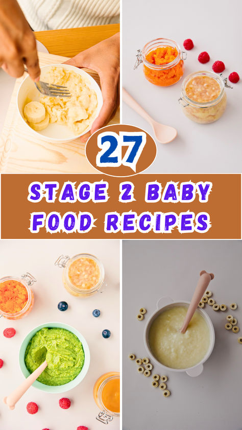 Discover 27 delicious and nutritious Stage 2 baby food recipes your little one will love! These easy-to-make recipes include a variety of fruits, veggies, and proteins perfect for babies starting solids. Ideal for introducing new textures and flavors! Baby Food Recipes Stage 2 And 3, Stage 2 Baby Puree Recipes, Baby Solids Recipes, Puree Combinations For Baby, 8 Month Old Meal Plan, Baby Food For 7 Month Old Recipes, Baby Food Meat Recipes, Baby Food Mixtures, Baby Solid Food Ideas