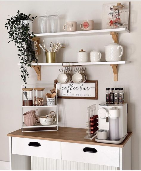 Coffee Bar In Cabinet Ideas, Coffee Corner Minimalist, Coffee Corner Living Room, Coffe Corners Ideas In Kitchen, Tea Corner Kitchen, Coffe Corners Design, Coffe Corners Ideas, Tea Corner Ideas, Coffee Bar Nook