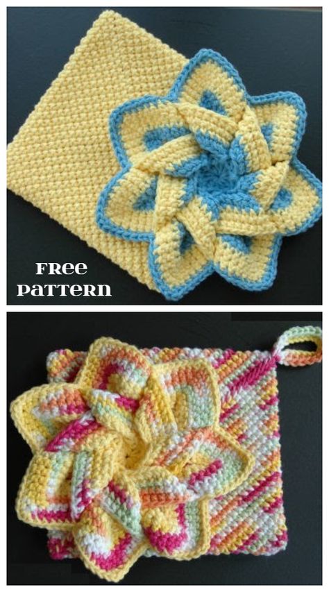 Flower Hot Pads Free Crochet Pattern Crochet Pot Holders Free Pattern, Flower Knit, Crochet Potholder Patterns, Crochet Hot Pads, Crochet Chicken, Dishcloth Crochet Pattern, Potholder Patterns, Crochet Vintage, Crochet Dishcloths