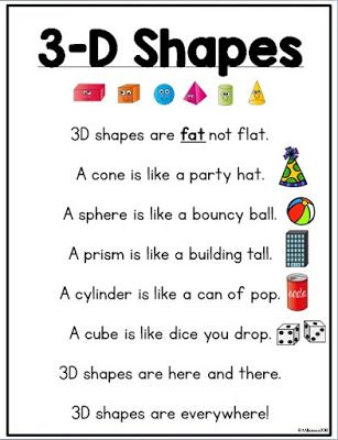 3-D Shapes Poem (via Mrs. Albanese's Kindergarten Class) Teaching 2d And 3d Shapes Kindergarten, Teaching 3d Shapes Kindergarten, Kindergarten 3d Shapes, Shapes In Kindergarten, 3d Shapes For Kindergarten, 2d Vs 3d Shapes Kindergarten, 3d Shapes Kindergarten Activities, 3 D Shapes Kindergarten, Poems Kindergarten