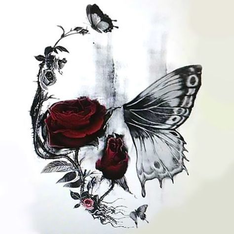 This Skull Butterfly and Rose tattoo is a strong symbol that has a powerful message of rebirth and our strong connection to the nature. The red color of the roses give this tattoo a very exotic appearance. Thighs Tattoo, Rose And Butterfly Tattoo, Butterfly Skull, Kunst Tattoos, Tattoo Butterfly, Tattoo Trend, Trendy Tattoo, Rose Tattoo Design, Skull Tattoo Design