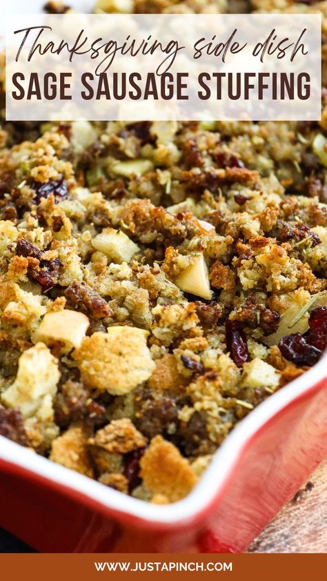 Sage Sausage Stuffing for Thanksgiving Apple Sage Sausage Stuffing, Sage Sausage Stuffing, Sausage Sage Stuffing, Sausage Dressing, Stuffing For Thanksgiving, Apple Stuffing, Sage And Onion Stuffing, Sage Stuffing, Thanksgiving Stuffing Recipes