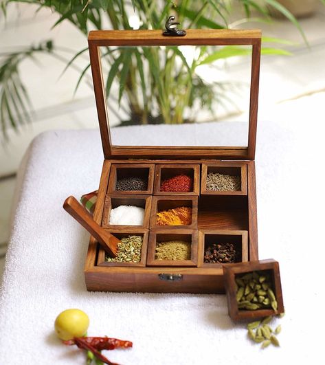 Indian Spice Box, Masala Dabba, Small Wooden Spoons, Dry Fruit Box, Rosewood Table, Wooden Table Top, Fruit Box, Spice Storage, Spice Box