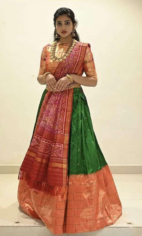 Paithani Lehangas For Women, Paithani Lehenga Half Saree, Paithani Langa Voni, Paavadai Satai, Benaras Lehangas, Fancy Half Sarees, Paithani Lehenga, Half Saree Function, Blouse Designs High Neck