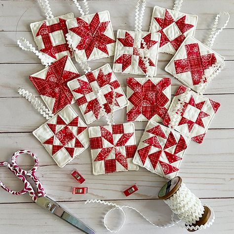 Erica Arndt Quilts, Diy Christmas Quilt, Erica Arndt, Classic Quilt Blocks, Block Ornaments, Quilt Ornaments, Christmas Sewing Patterns, Red Prints, Quilt Star