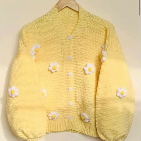 Yellow Crochet Sweater, Handmade Yellow Cardigan For Winter, Cute Crochet Cardigan Aesthetic, Kawaii Crochet Cardigan, Sunflower Cardigan Crochet, Kawaii Clothes Sweaters & Cardigans, Woolen Clothes, Crochet Bodycon Dresses, Crochet Sweater Design