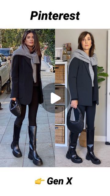 Christin Bryant | over 40 style | 🇨🇦 on Instagram: "All black Pinterest outfit but doesn’t the over the shoulder sweater make such a difference? It’s my fave way to make a basic outfit more interesting! Would you wear it? 

Comment “link” to get an immediate DM with all the links and size info! 

Blazer, black sweater, leggings and socks: Amazon
Bag: Oak&Fort 
Boots: H&M (old)
Grey sweater: Dynamite (old) 

Inspo pic: Pinterest (@nazifeeozcan )

Other ways to shop:
- find me @cbstyled in the LTK app
- copy this link: https://liketk.it/4jupp
- link in bio > LTK outfit links
- see my “Sep reel links” highlight
- Amazon items are also available in the appropriate category on my US and Canadian Amazon pages (via the link in my bio) and I also pinned a post to the top of my Canadian Amazon pa Black Pants White Sweater Outfit, Sweater And Blazer Outfit, Mock Turtleneck Outfit, Over The Shoulder Sweater, Over 40 Style, Cropped Wool Sweater, Amazon Bag, Black Pinterest, Outfit Links