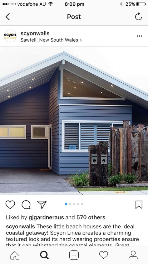 Navy exterior sycon cladding Blue Cladding Exterior, Cladding House Exterior, House Exterior Cladding, Navy Exterior, Roof Materials, Beach House Designs, Cladding Exterior, Little Beach House, Build Home