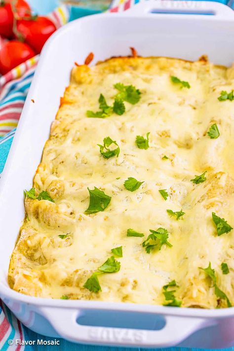 These Easy Enchiladas Suizas are creamy, cheesy, slightly spicy white chicken enchiladas made with sour cream, mozzarella cheese, salsa verde, chicken, and corn tortillas, and are out-of-this-world delicious! #ad Chicken Enchiladas Without Sour Cream, Chicken Enchiladas Suiza, Chicken Enchiladas With Sour Cream White, Healthy Sour Cream Chicken Enchiladas, Authentic Sour Cream Chicken Enchiladas, Enchiladas Suizas Recipe, Enchanted Sour Cream Chicken Enchiladas, Enchiladas Suizas, Easy Mexican Casserole