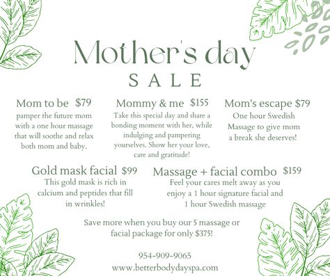 Mothers Day Spa Promotions, Mothers Day Massage, Massage Ads, Parlor Ideas, Massage Ideas, Med Spa Marketing, Mothers Day Spa, Full Body Massage Techniques, Massage Marketing