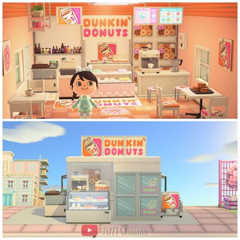 Animal Crossing Sweet Shop, Animal Crossing Dunkin Donuts Design, Acnh Donut Shop, Acnh Building Dimensions, Acnh Dunkin Donuts Design, Animal Crossing Pet Shop, Acnh Ice Cream Shop, Animal Crossing Shop Ideas, Acnh Buildings