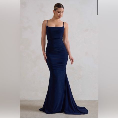 This Navy Backless Dress Is Brand New With Tags. It Is Double Layered And Has Great Stretch. It Also Has A Beautiful Godet Train. (Open To Offers) Military Ball Dresses Marines, Dark Blue Elegant Dress, Marine Corps Ball Dresses, Navy Ball Dresses, Blue Formal Dress Long, Winter Ball Dresses, Emerald Bridesmaid, Navy Ball, Navy Long Dress