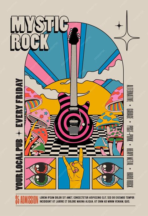 Premium Vector | Vector retro vintage styled psychedelic rock music concert or festival flyer or poster design template Music Festival Vibes, Recruitment Flyer Design, Band Branding Design, Cultural Festival Poster, Music Festival Logo Design, La Olympics, Music Festival Branding, Pop Art Logo, Pop Music Poster