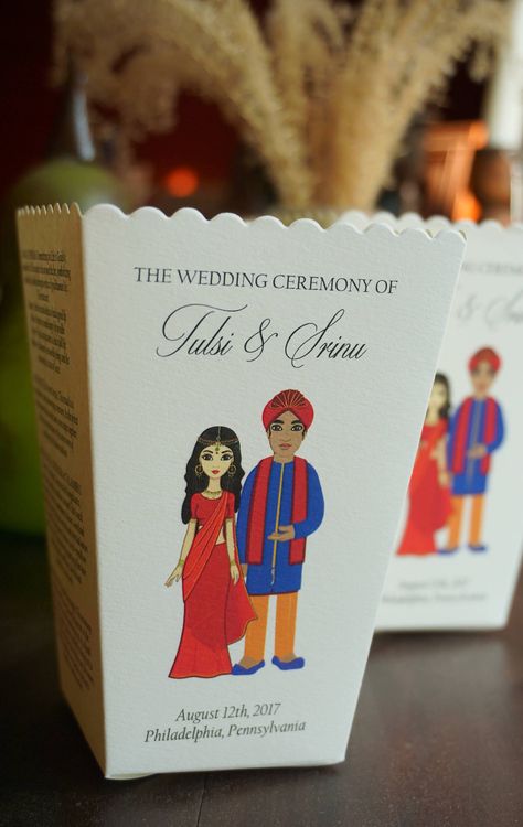 Indian Emoji Wedding Program Popcorn Box, Rose Petal Box, Personalized Bitmoji Hindu Wedding Program Indian Wedding Program, Indian Hindu Wedding, Popcorn Wedding Favors, Popcorn Favor, New Emoji, Wedding Card Design Indian, Petal Toss, Indian Wedding Favors, Hindu Wedding Ceremony