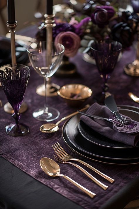 Goth Room Decor Ideas, Whimsical Goth Room, Goth Decor Ideas, 30th Birthday Dinner Party, Gothic House Decor, Purple Dining, 30th Birthday Dinner, Purple Dining Room, Moody Home Decor