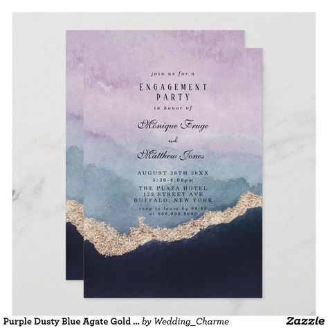 Purple Dusty Blue Agate Gold Engagement Party Invitation Engagement Party Cards, Gold Engagement Party, Purple Themes, Engagement Party Decorations, Engagement Invitations, Engagement Party Invitations, The Plaza, Blue Agate, Blue Watercolor