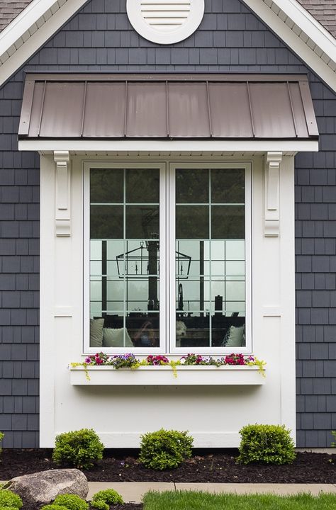 Eyebrow Over Window Exterior, Box Window Design, Exterior Window Trim, Bay Window Exterior, Lilypad Cottage, Window Boxes Diy, Metal Awning, Cottage Windows, Exterior Window