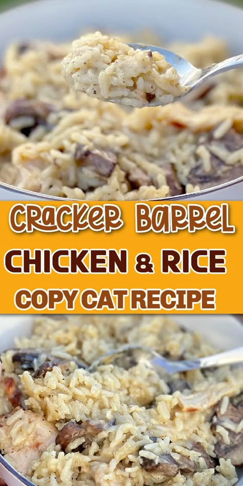 Bowls of cooked rice with mushrooms and chicken with Pinterest overlay. Cracker Barrel Chicken And Rice, Cracker Barrel Chicken And Rice Recipe, Cracker Barrel Copycat, Cracker Barrel Copycat Recipes, Fluffy Dumplings, Cracker Barrel Chicken, Cracker Barrel Recipes, Creamy Chicken And Rice, Easy Chicken And Rice