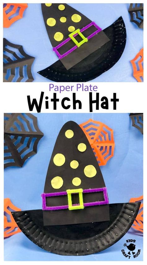 Get ready for the spooky season with this fun Paper Plate Witch Hat. An easy Halloween craft for toddlers and preschoolers. #kidscraftroom #kidscrafts #preschoolcrafts #toddlercrafts #halloweencrafts #witchcrafts Witch Arts And Crafts, Plate Arts And Crafts, Paper Plate Halloween Crafts, Paper Witch Hat, Simple Halloween Crafts For Kids, Paper Plate Halloween, Pumpkin Vampire, Spooky Craft, Kids Halloween Crafts