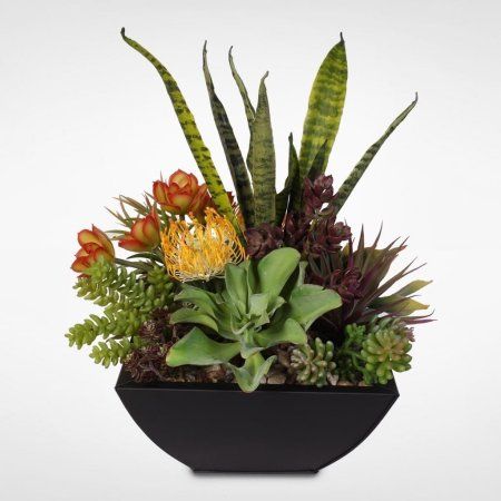 Decorative Succulent Centerpiece in Metal Container Artificial Succulent Arrangements, Plant Centerpieces, Succulent Centerpiece, Blooming Succulents, Succulent Landscape Design, Succulent Landscaping, Succulent Centerpieces, Succulents Decor, Silk Plants