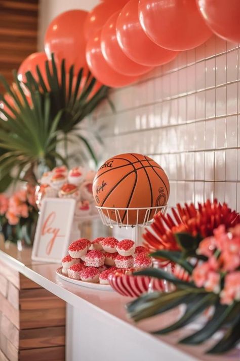 Slam Dunk Basketball Party Ideas for Fans Basketball Bachelorette Party, Pink Basketball Party Ideas, Pink Basketball Birthday Party, Slamdunk Birthday Theme, Basketball Party Ideas, Nike Basketball Theme Birthday, Basketball Nike Jordan Theme Birthday Party Backdrop, Baby Girl Basketball, Basketball Party Food