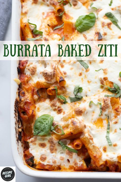 Burrata Baked Ziti recipe from RecipeGirl.com #burrata #baked #ziti #pasta #recipe #RecipeGirl Burrata Pasta Bake, Burrata Recipe Pasta, Burrata Pasta Recipe, Burrata Baked, Burrata Pasta, Burrata Recipe, Ziti Recipe, Ziti Pasta, Lemon Butter Chicken