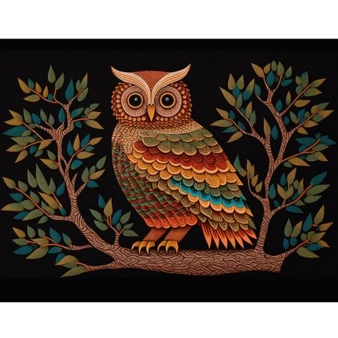 Gond style Folk Art Owl Poster Gond Painting Design, Gond Art Peacock, Gond Painting Folk Art, Gond Art Paintings, Indian Folk Art Painting, Vastu Painting, Planter Painting, Bluebird Painting, Worli Painting