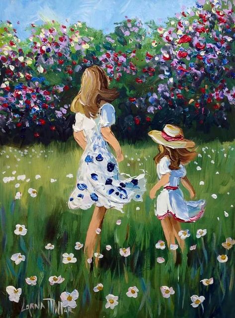 "In the Summer Meadow" by Lorna Millar. Unframed size = 16" x 12". Framed Size = 26" x 22"  www.irishartplus.com Please call 07803508204 or send PM for further information on viewing, framing, pricing and delivery options. Thank you, Liam Mother Daughter Painting Canvases Easy, Sisters Painting Canvases, Mothers Art, Watercolor People, Mother Painting, Prismacolor Art, Summer Meadow, Mother Art, Painting Canvases