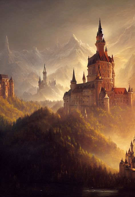 Castle In Mountains Art, Golden Kingdom Fantasy Art, Fantasy Castle Aesthetic, Fantasy Palace, Kingdom Ideas, Castle Background, Castle Aesthetic, Castle Art, Pretty Backgrounds