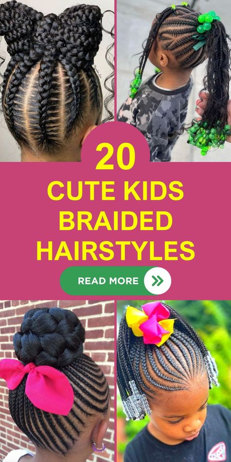 This collection showcases stunning cute kids braided hairstyles for 2024, emphasizing the beauty of natural hair in black children. From elegant cornrow designs to playful ponytails with beads, these styles are perfect for school and beyond. Easy to maintain and quick to style, they're ideal for parents looking for practical yet pretty braided options. Girls Braided Ponytail Hairstyles Kids Black Kids, Children Hair Styles For School, Cornrow Hairstyles For Black Girls Kids, Hairstyles For Little Black Girls Braids, Girl Braids Hairstyles Kids Black Little Easy Natural Hair, Little Black Girls Hairstyles For School Braids Cute, Black Girls Hairstyles For Kids Braids Cornrows Natural Hair Styles, Braided Ponytail For Black Kids, Little Black Girls Natural Hair Braids