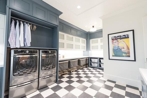 Silver Laundry Room, Dog Mudroom, Gray Laundry Room, Checker Floor, Room Floor Tiles, Transitional Laundry Room, Grey Laundry Rooms, Laundry Floor, Checkered Floor