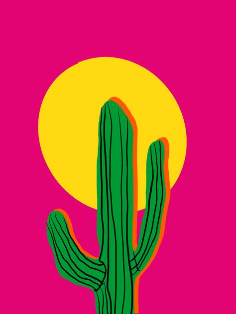 Doodle Vector Art, Cactus Pop Art, Cactus Screen Print, Pop Art Nature, Diy Cactus Painting, Tufting Art Ideas, Yellow Painting Aesthetic, Cactus Illustration Design, Tableau Aesthetic