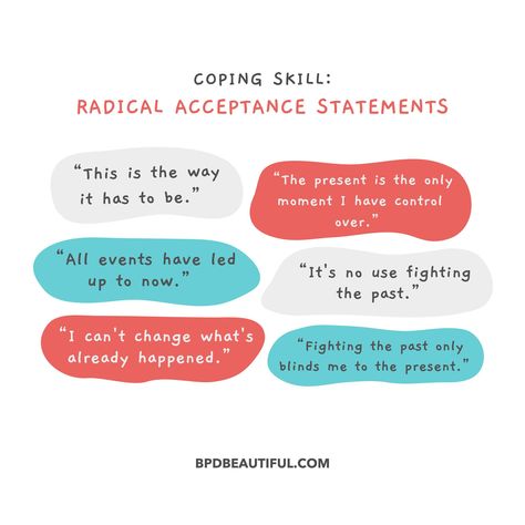 radical acceptance coping statements ✨// Visit us online for printable workbooks, coaching & other uplifting content about BPD - link in bio. . . Follow @bpdbeautiful.blog for uplifting BPD recovery . . #bpdbeautiful #bpdrecovery #bpdwarrior #bpdlife #bpdthings #borderlinepersonalitydisorder #bpdsurvivor #bpdcommunity #bpdthoughts #bpdblogger #bpdchat #bpdawareness #bpd #bpdstigma #actuallybpd #bpdsupport #bpdblog #eupdblog #bpdblogger #eupd #eupdblogger #emotionallyunstablepersonalitydisord... Radical Acceptance Coping Statements, Coping Statements, Bpd Symptoms, Radical Acceptance, Work Tips, Mental And Emotional Health, Coping Skills, Social Work, Emotional Health