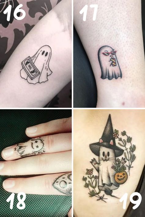 27 Ghost Tattoo Ideas {Cute + Spooky Designs} - TattooGlee Ghost Kitty Tattoo, Paranormal Tattoo Ideas, Cat Ghost Tattoo, Ghost Cat Tattoo, Ghost Tattoos, Cute Halloween Tattoos, Tato Tradisional, Christmas Tattoo, Ghost Tattoo