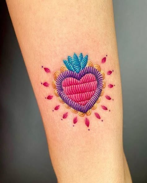 Embroidery Heart Tattoo, Micro Patchwork Tattoos, Tattoo Bordado Mexicano, Mexican Inspired Tattoos For Women, Talavera Tattoo, Mexican Embroidery Tattoo, Embroidery Tattoo Ideas, Mexican Inspired Tattoos, Embroidery Tattoos