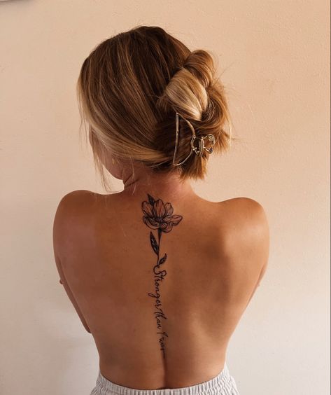 Stronger Than I Was Spine Tattoo, Stronger Than I Was Tattoo, Spine Tattoo With Words And Flowers, Spine Tattoo Rose Vine, Spine Tattoos For Women Strength, Strength Back Tattoo, Stronger Than Tattoo, Being Strong Tattoos, Spine Tattoos For Women Rose