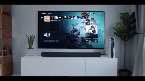 Ps5 In Living Room, Ps5 Setup Living Room, Studio Room Design, Dark Sofa, Tv Setup, Wooden Bathtub, Modern Apartment Decor, Small Apartment Interior, Video Game Room Design