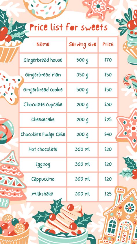 Use this customizable Red Green Holiday Illustrated Sweet Christmas Price List template and find more professional designs from Canva. #green #red #beige #mint #pink #vintage #retro #illustrated #sweet #food #gift #pricelist #price #list #christmasprice #christmassweet #cake #cafe #menu #restaurant #gingerbgead #house #man #cookie #Christmas #cartoon #playful #cartoonpricelist #canva #template #event #kids #holiday #party #winter Cake Price List Design, Kids Holiday Party, Canva Christmas, Price List Design, Menu Card Design, Cake Cafe, Aesthetic Business, Cookie Christmas, Holiday Aesthetic