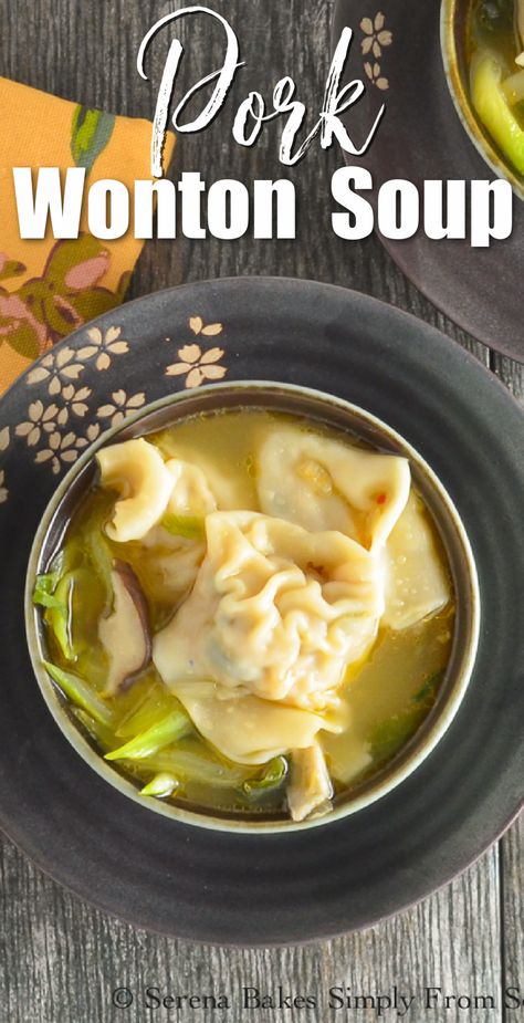 A dark grey bowl filled with Wonton Soup with white text at the the Pork Wonton Soup. Pork Wonton Soup, Chinese Wonton Soup, Wonton Soup Easy, Pork Wonton Recipe, Wor Wonton Soup, Homemade Wonton Soup, Pork Wontons, Wonton Recipe, Pork Soup Recipes