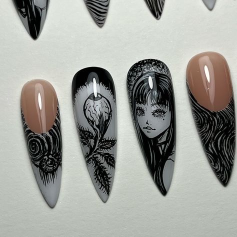 Junji Ito commish 🖤🕷️👁️ 7.5 hours handpainted @esvynails code HOTGURL10 - White and Black gel paints @functionofvex code HOTGURL - Flexi Tint in Trap - Perma White gel #junjiito #tomie #handpaintednailart #animenails #horroranime #pressonnails #pressons #nails #nailsnailsnails #nailsofinstagram #nailsoftheday #nailsonfleek #stilettonails #thepressoncollective Junji Ito Nail Art, Tomie Nails, Junji Ito Nails, Pressons Nails, Anime Nails, Beauty Aesthetic, Painted Nail Art, Pose Idea, Junji Ito