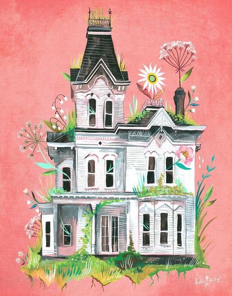 Katie Daisy, Holiday Wall Art, Victorian Home, House Illustration, Acrylic Artwork, Farmhouse Wall Art, Farmhouse Wall, Halloween Prints, Colorful Paintings