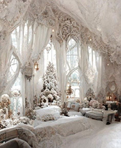 White Gothic Home Decor, White Gothic House, Bedroom White Aesthetic, White Gothic Aesthetic, Ethereal Places, Cream And White Bedroom, Royal Castle, White Castle, Fantasy Rooms