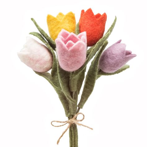 PRICES MAY VARY. 💐 CAREFULLY CRAFTED BY HAND: Made with traditional wet felting method, details appear throughout the natural transition of colors from the thick felted petals to the stamen. The faux tulips bouquet holds 5 individual felt artificial plants flowers, held together with a bendable felt covered wire stem. 🏺 ESSENTIAL OIL READY: Transform your room with your favorite scent. Simply spray the decorative felt flowers with stems with oil to add natural fragrance. The wool felt flowers Felt Tulip, Faux Tulips, Felt Bouquet, Felted Flowers, Felt Flower Bouquet, Felt Flower Wreaths, Christmas Bouquet, Worry Dolls, Artificial Bouquet