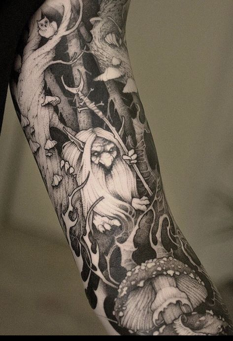 Gargoyle Sleeve Tattoo, High Fae Tattoo, Dark And Moody Tattoo, Dnd Tattoo Sleeve, Mythical Creatures Tattoo Sleeve, Magic Tattoo Sleeve, Moody Tattoo Aesthetic, Forest Back Tattoo, Castle Hand Tattoo