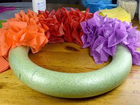 Pride Wreath Diy, Rainbow Wreath Diy, November Decorations, Grave Arrangements, Pride Wreath, Teal Pumpkin Project, Foam Wreath, Pride Ally, Remembrance Day Poppy