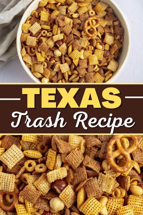 This Texas Trash recipe is the perfect snack mix to have on hand! Made with cereal, pretzels, and nuts, it's savory, spicy, and so addictive! Trash Mix Recipe, Christmas Trash Recipe, Texas Trash Recipe, Dip Night, Trash Recipe, Spicy Pretzels, Pretzel Mix, Texas Trash, Graduation Food