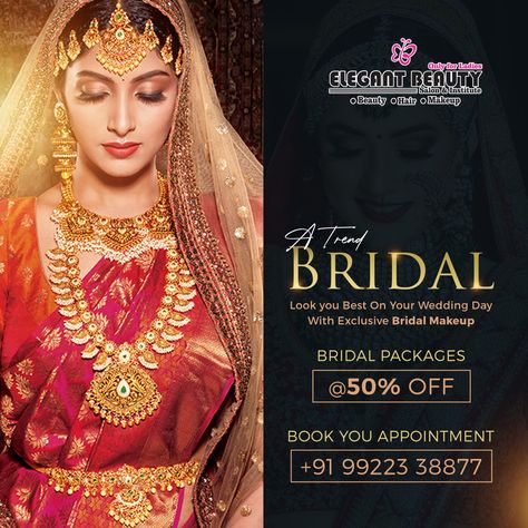 A Trend Bridal 
Bridal Package 50% Off
Social Media Beauty Parlour Bridal Makeup Poster Design, Bridal Makeup Creative Ads, Bridal Poster Design, Makeup Artist Social Media Post, Makeup Social Media Design, Wedding Social Media Post Design, Beauty Parlour Poster Design, Makeup Social Media Post, Beauty Parlour Banner Design