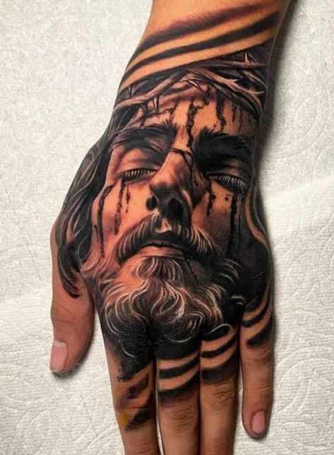 Tattoed Hands Man, Religious Hand Tattoo, Nice Hand Tattoos, Fist Tattoo Ideas For Men, Jesus Tatoos Ideas, Jesus Tattoo Men, God Hands Tattoo, Hand Tats Men, Angel Hand Tattoo